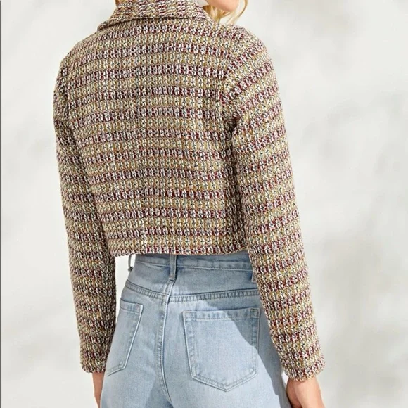 Tweed Shawl Collar One Snap Button Crop Kacket - Picture 7 of 9